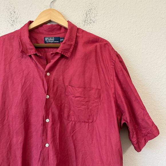 VTG POLO RALPH LAUREN Caldwell Shirt Red Silk Blend Loop Collar Camp - Picture 3 of 7